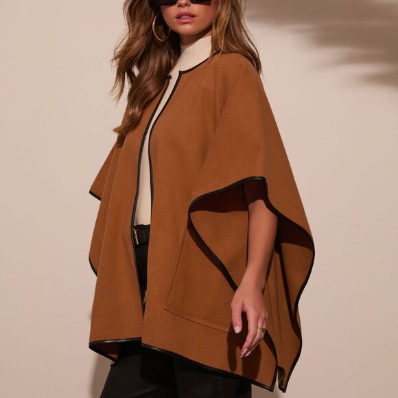 VICI Warm Welcome Contrast Trim Poncho Cape Camel Brown - Picture 5 of 15